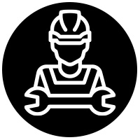 icon image of a construction worker in a hard hat and a  tool