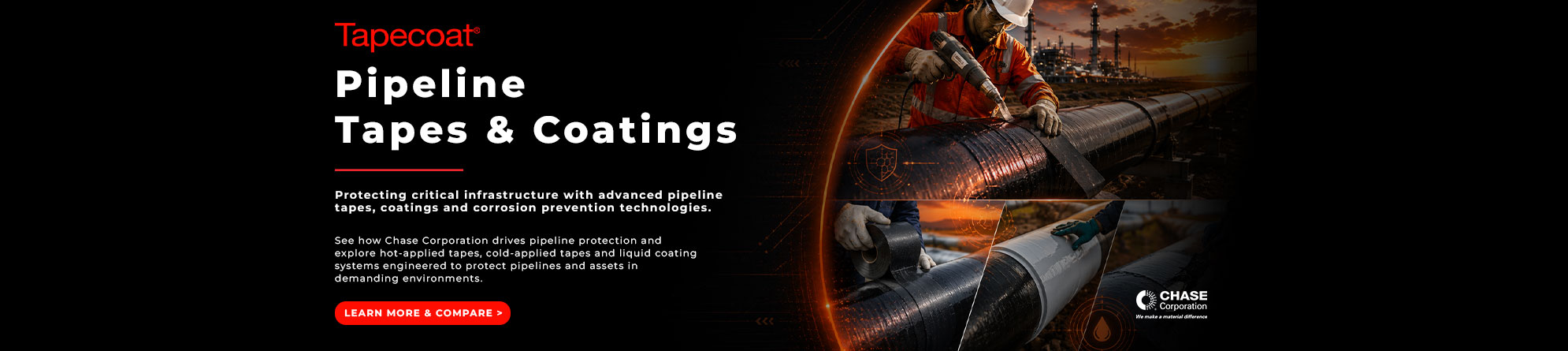 Tapecoat products by Chase Corporation help protect pipelines, industrial equipment, and underground infrastructure from corrosion. 