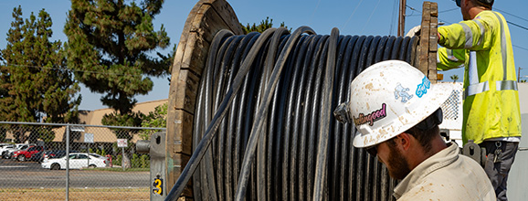 Spool of underground cable ready for pull installation